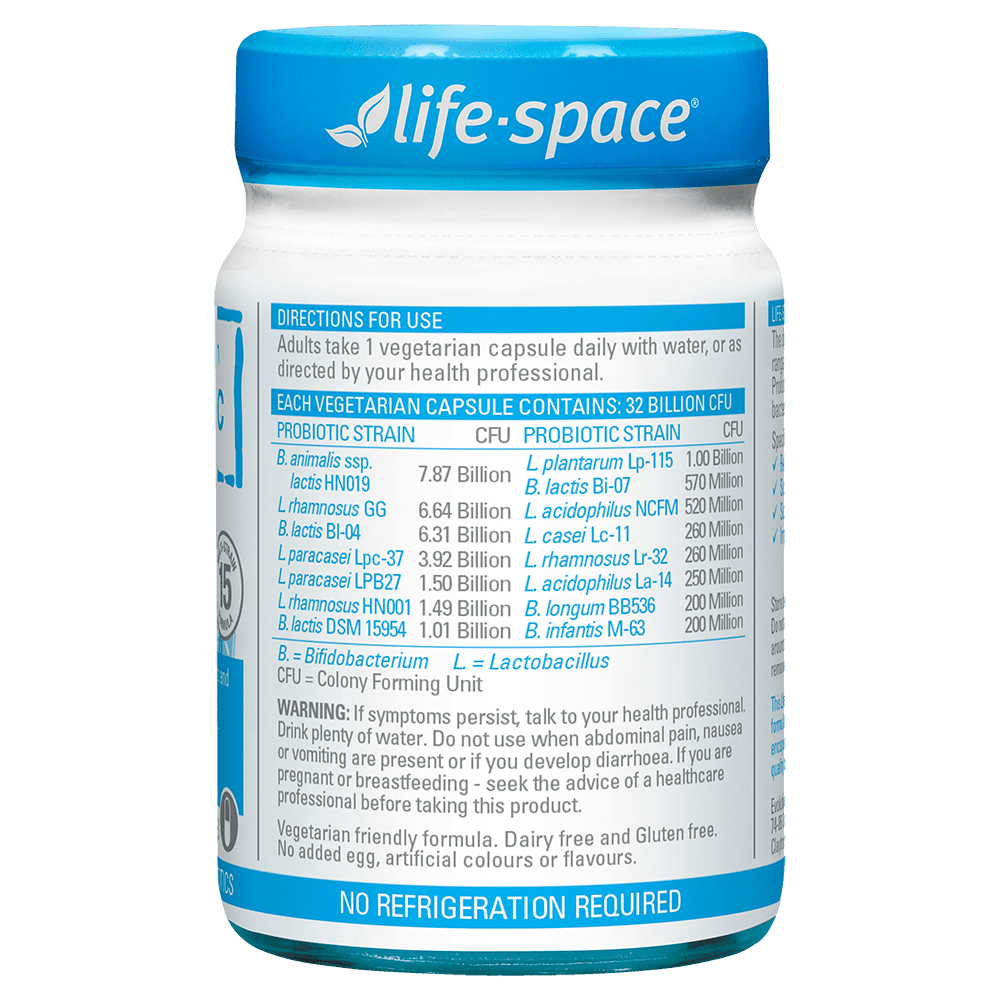 Life-Space Broad Spectrum Probiotic Advanced 60 Capsules directions and probiotic strains label