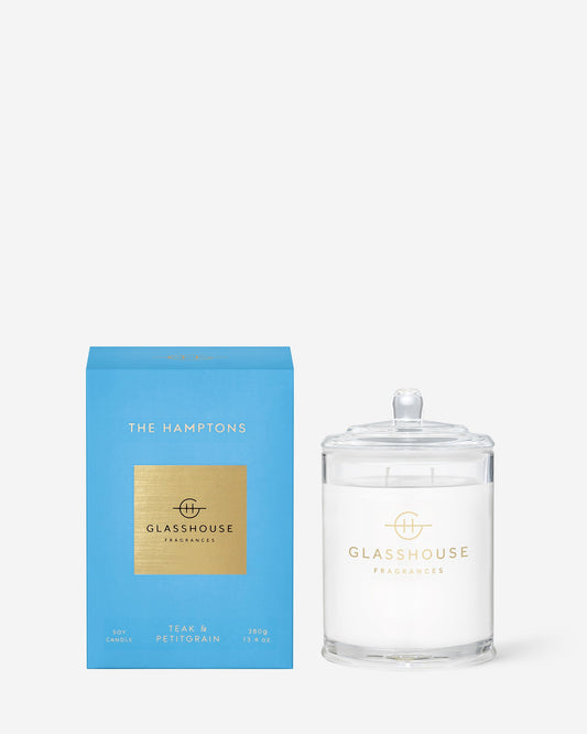 Glasshouse Fragrances The Hamptons 380g Teak & Petitgrain scented candle with packaging