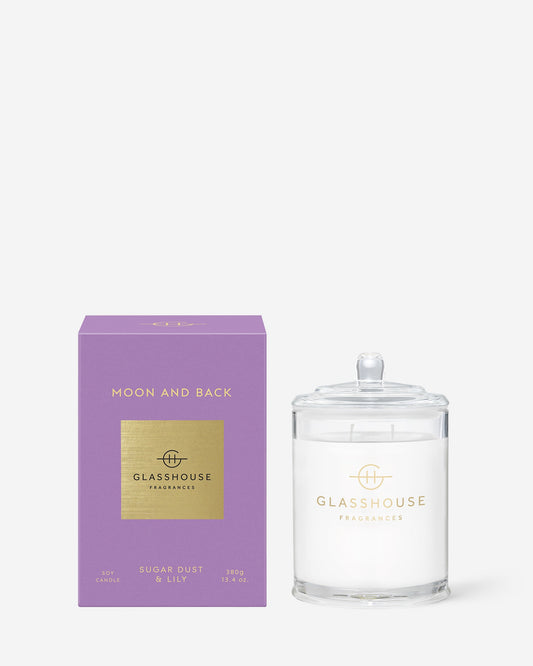 Glasshouse Fragrances Moon and Back 380g Sugar Dust & Lily scented candle with packaging
