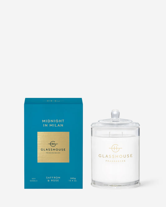 Glasshouse Fragrances Midnight in Milan 380g Saffron & Rose scented candle with packaging