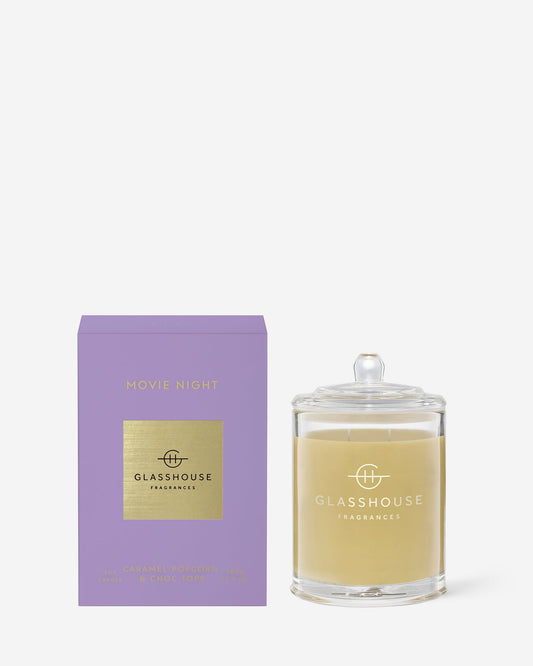 Glasshouse Fragrances Movie Night 380g Caramel Popcorn & Choc Tops scented candle with packaging
