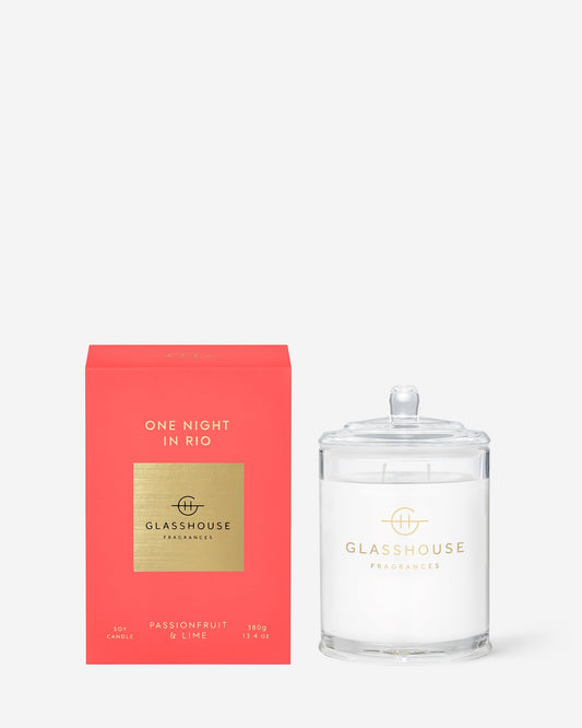 Glasshouse Fragrances One Night in Rio 380g Passionfruit & Lime scented candle with packaging