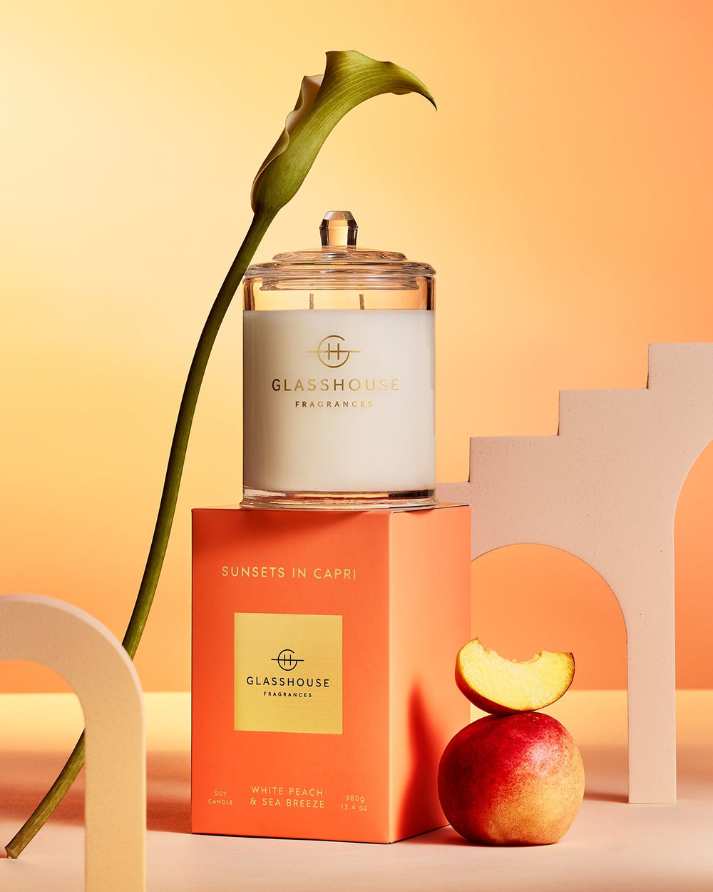 Glasshouse Fragrances Sunsets in Capri 380g scented candle lifestyle image