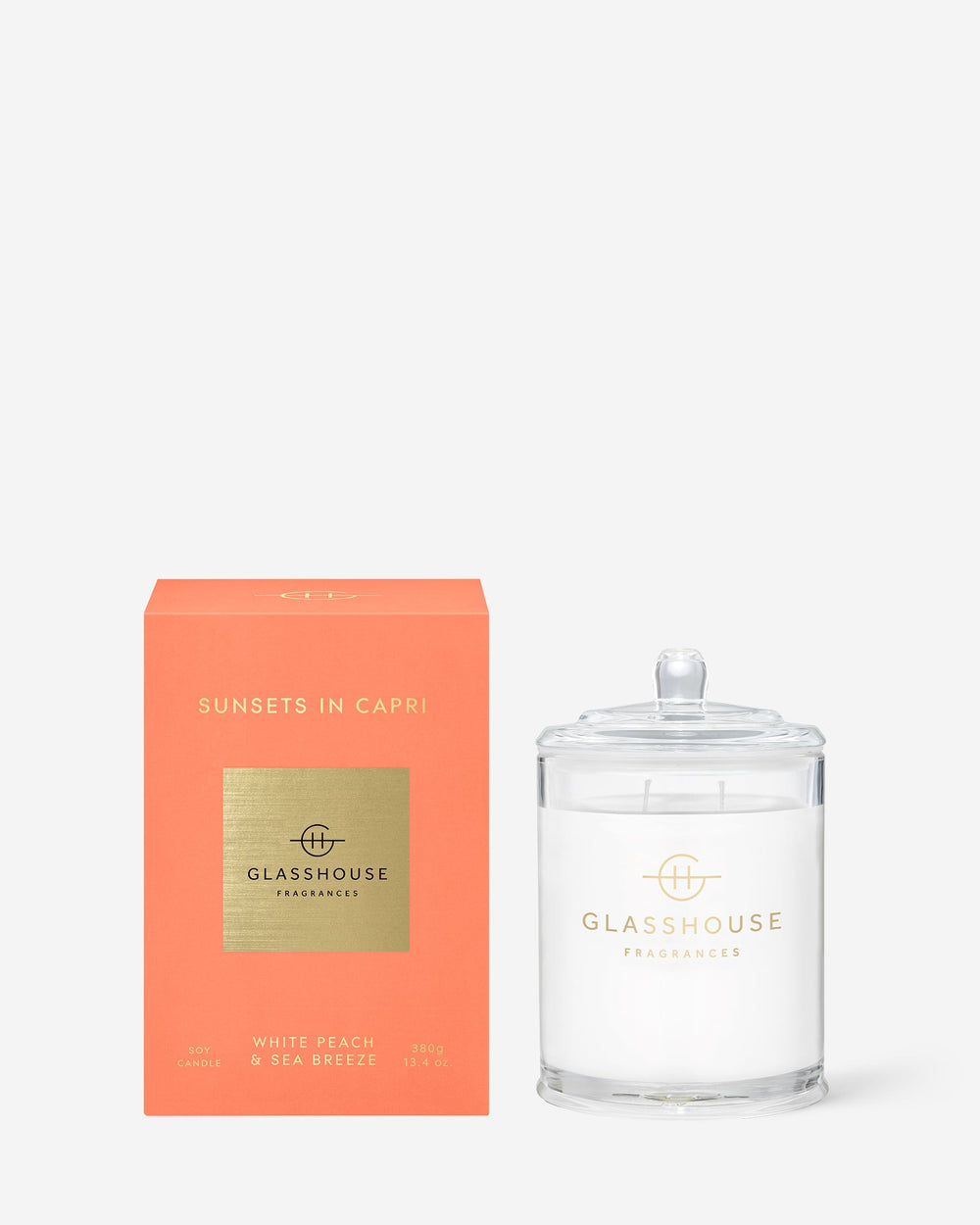 Glasshouse Fragrances Sunsets in Capri 380g White Peach & Sea Breeze scented candle with packaging