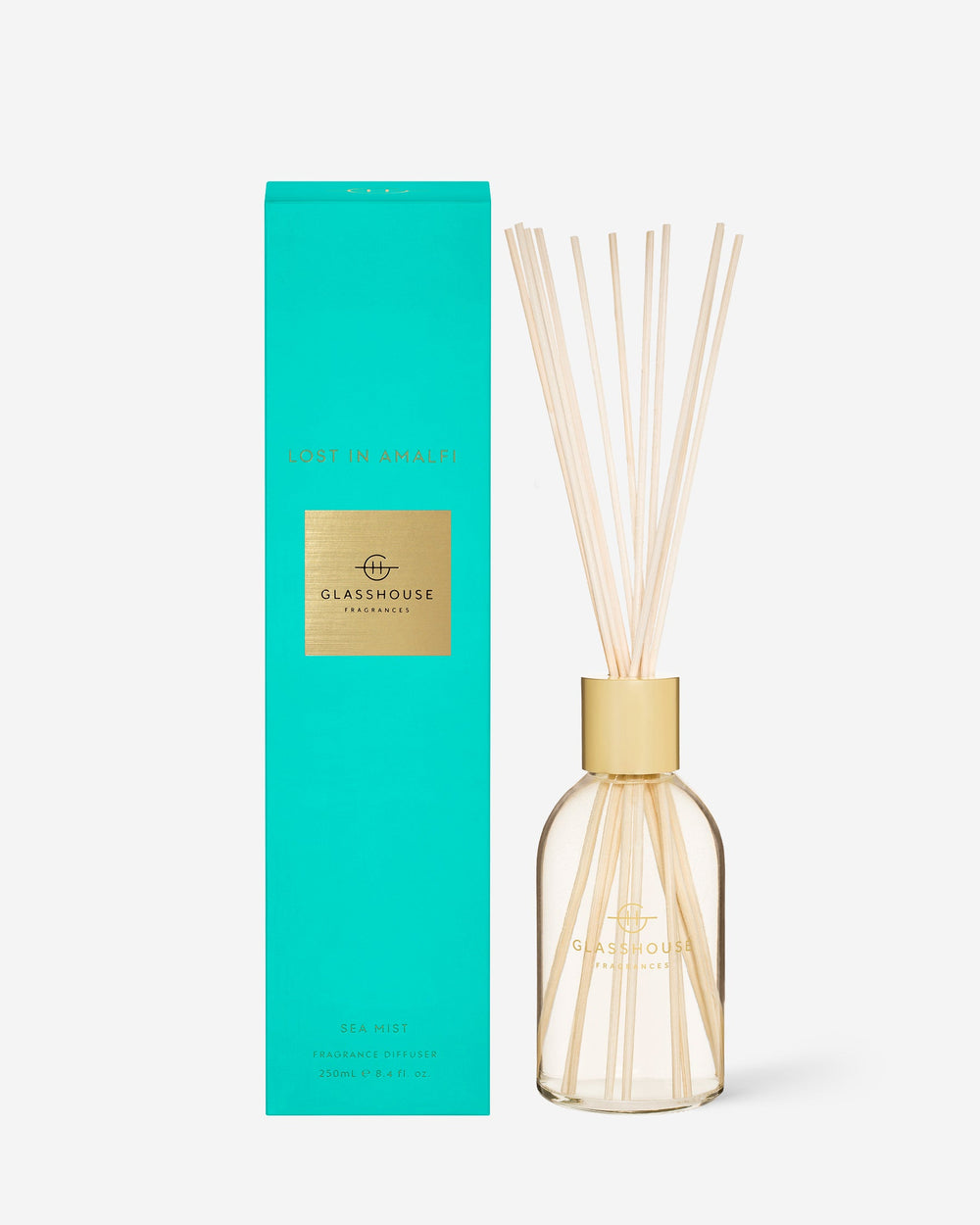 Glasshouse Fragrances Lost in Amalfi 250mL Fragrance Diffuser with packaging and reeds