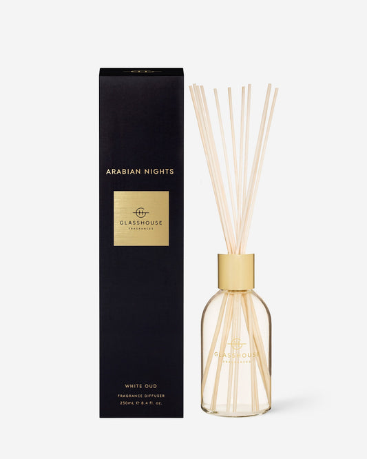 Glasshouse Fragrances Arabian Nights 250mL Fragrance Diffuser with packaging and reeds