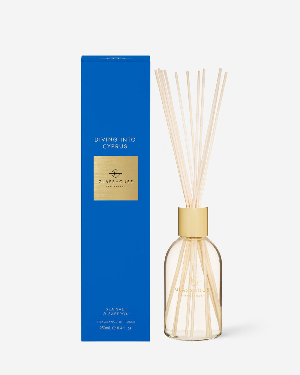 Glasshouse Fragrances Diving Into Cyprus 250mL Fragrance Diffuser with packaging and reeds