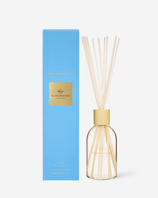 Glasshouse Fragrances The Hamptons 250mL Fragrance Diffuser with packaging and reeds