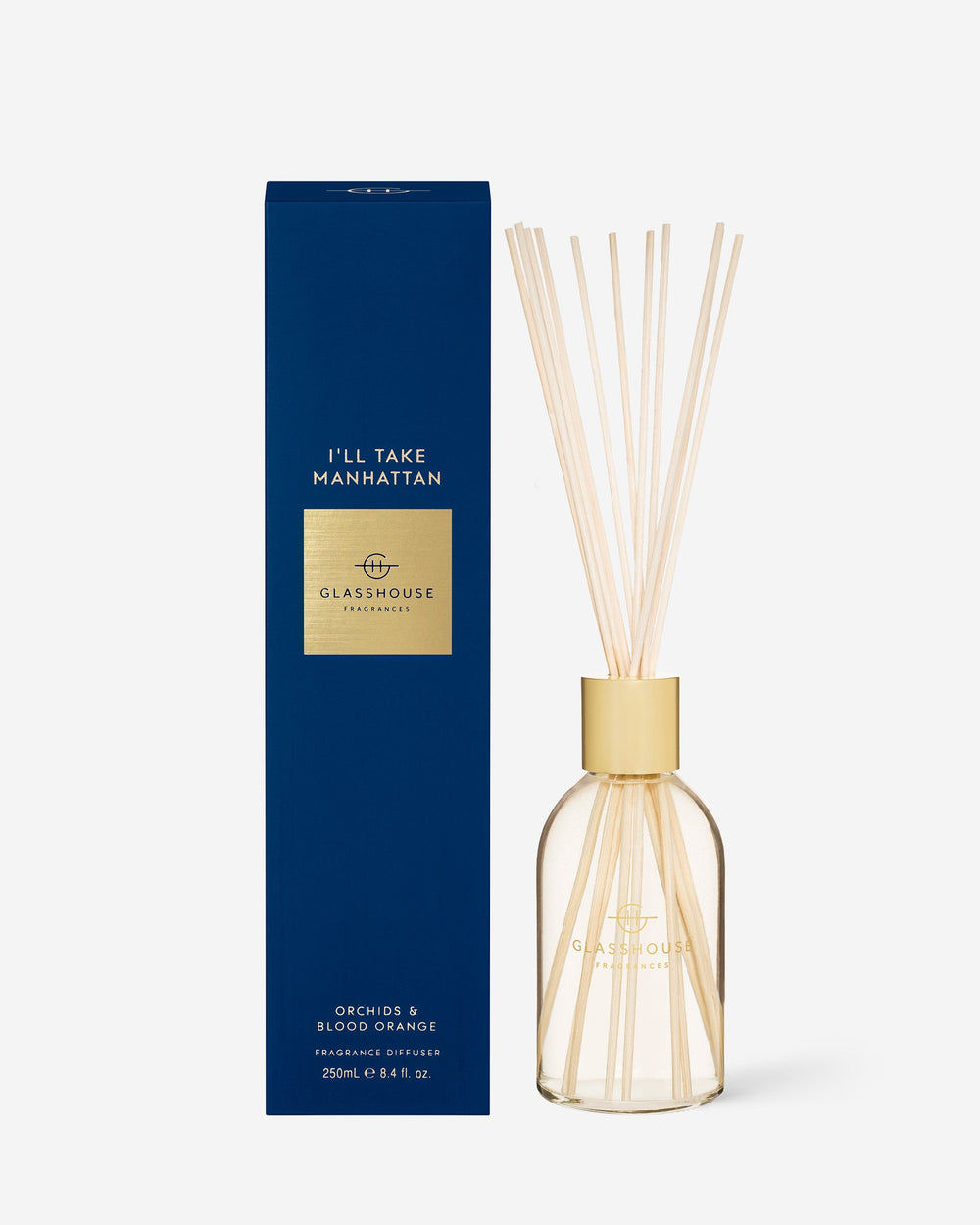 Glasshouse Fragrances I'll Take Manhattan 250mL Fragrance Diffuser with packaging and reeds