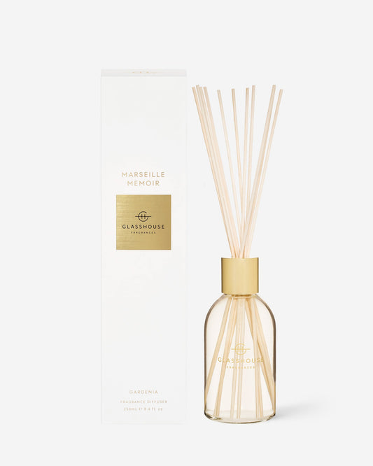 Glasshouse Fragrances Marseille Memoir 250mL Fragrance Diffuser with packaging and reeds