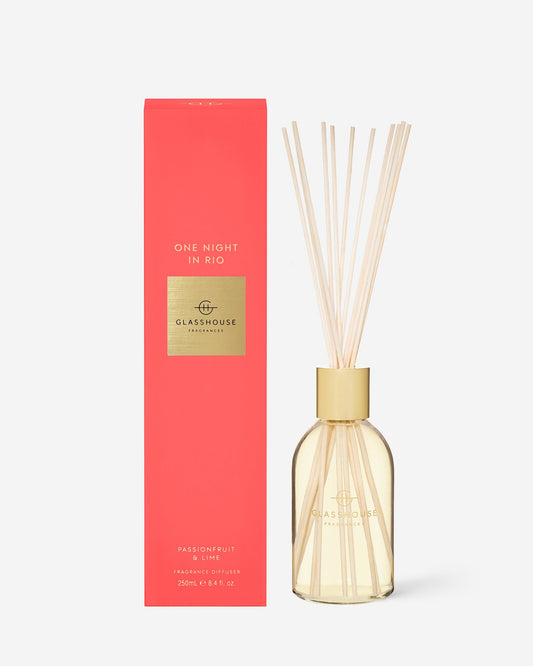 Glasshouse Fragrances One Night in Rio 250mL Fragrance Diffuser with packaging and reeds