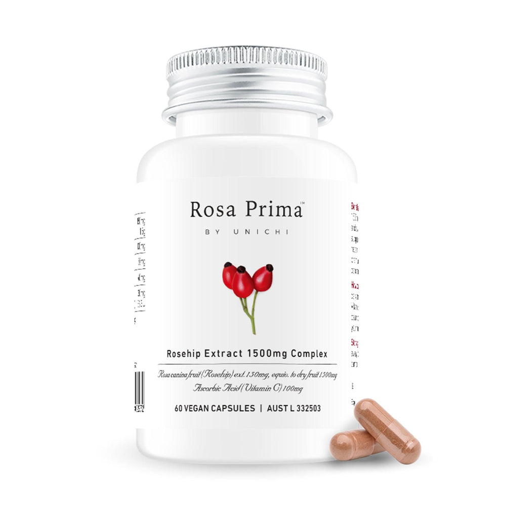 Unichi Rosa Prima Rosehip Extract 1500mg Complex 60 Vegan Capsules bottle