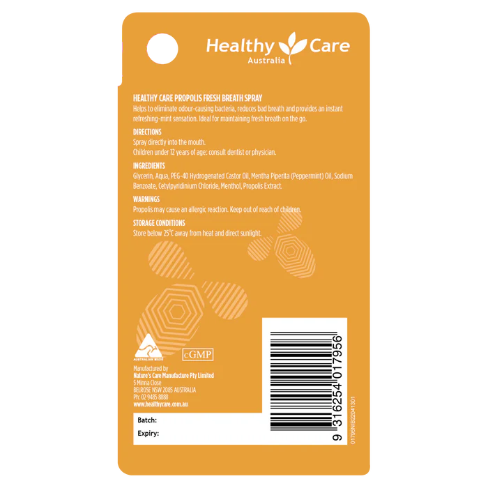 Healthy Care Propolis Fresh Breath Spray 25ml back packaging