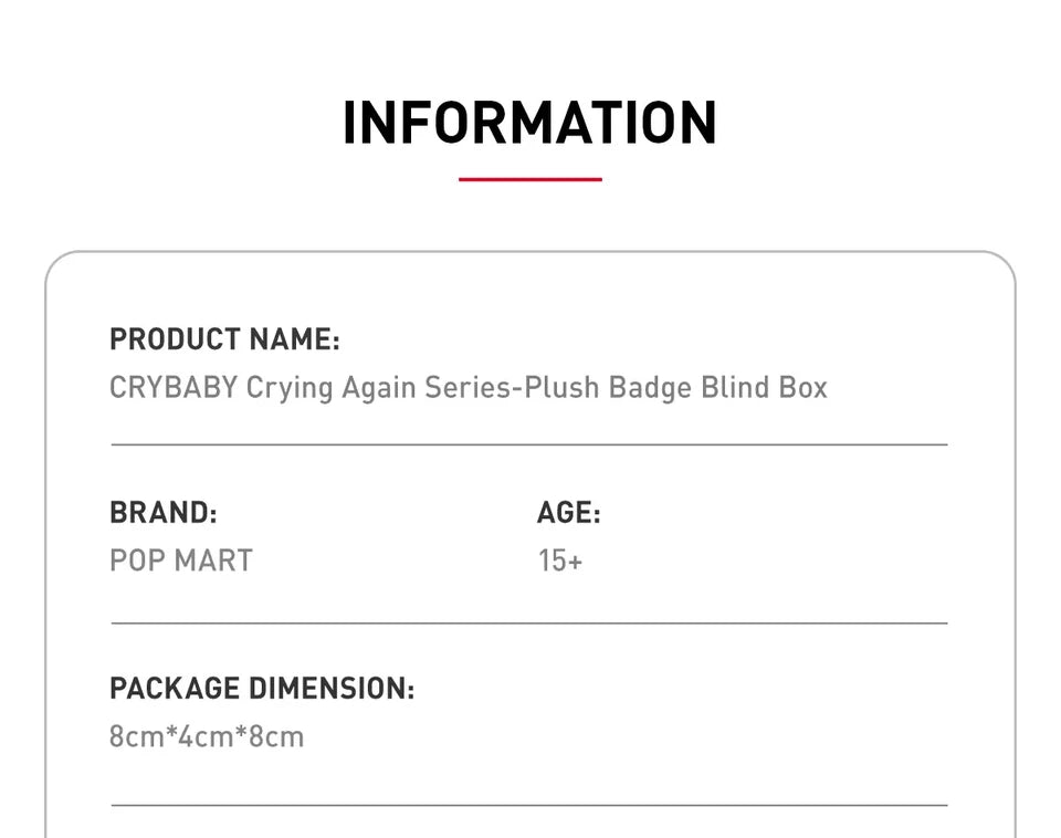 POP MART CRYBABY Crying Again Series-Plush Badge Single Blind Box (Random)