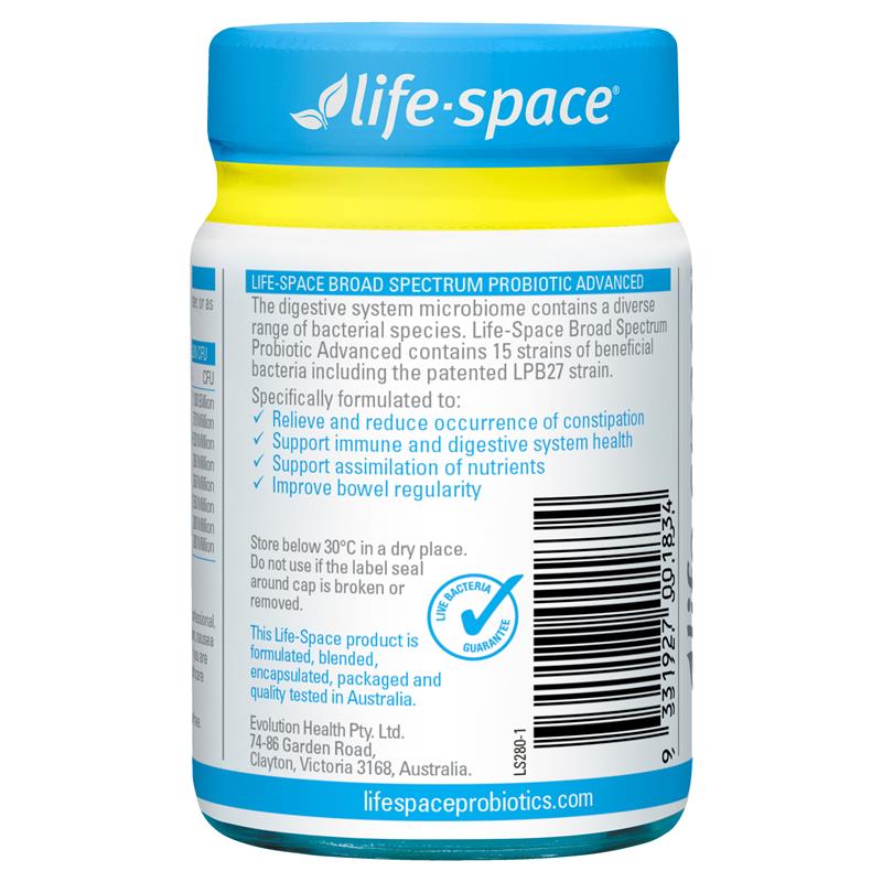Life-Space Broad Spectrum Probiotic Advanced 90 Capsules product information and barcode label