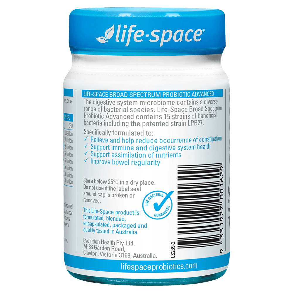 Life-Space Broad Spectrum Probiotic Advanced 60 Capsules product information and barcode label