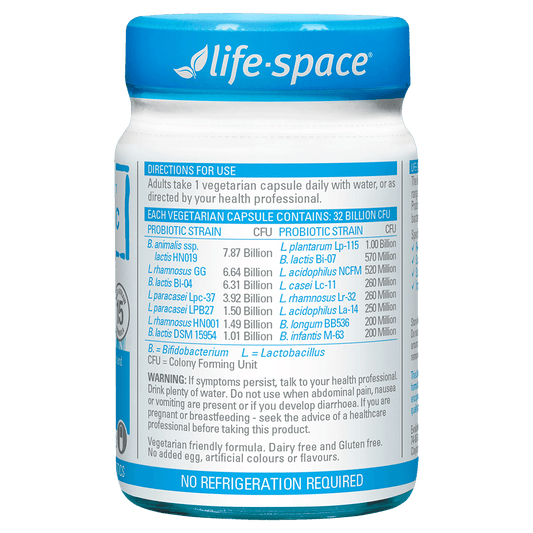 Life-Space Broad Spectrum Probiotic Advanced 60 Capsules directions and probiotic strains label