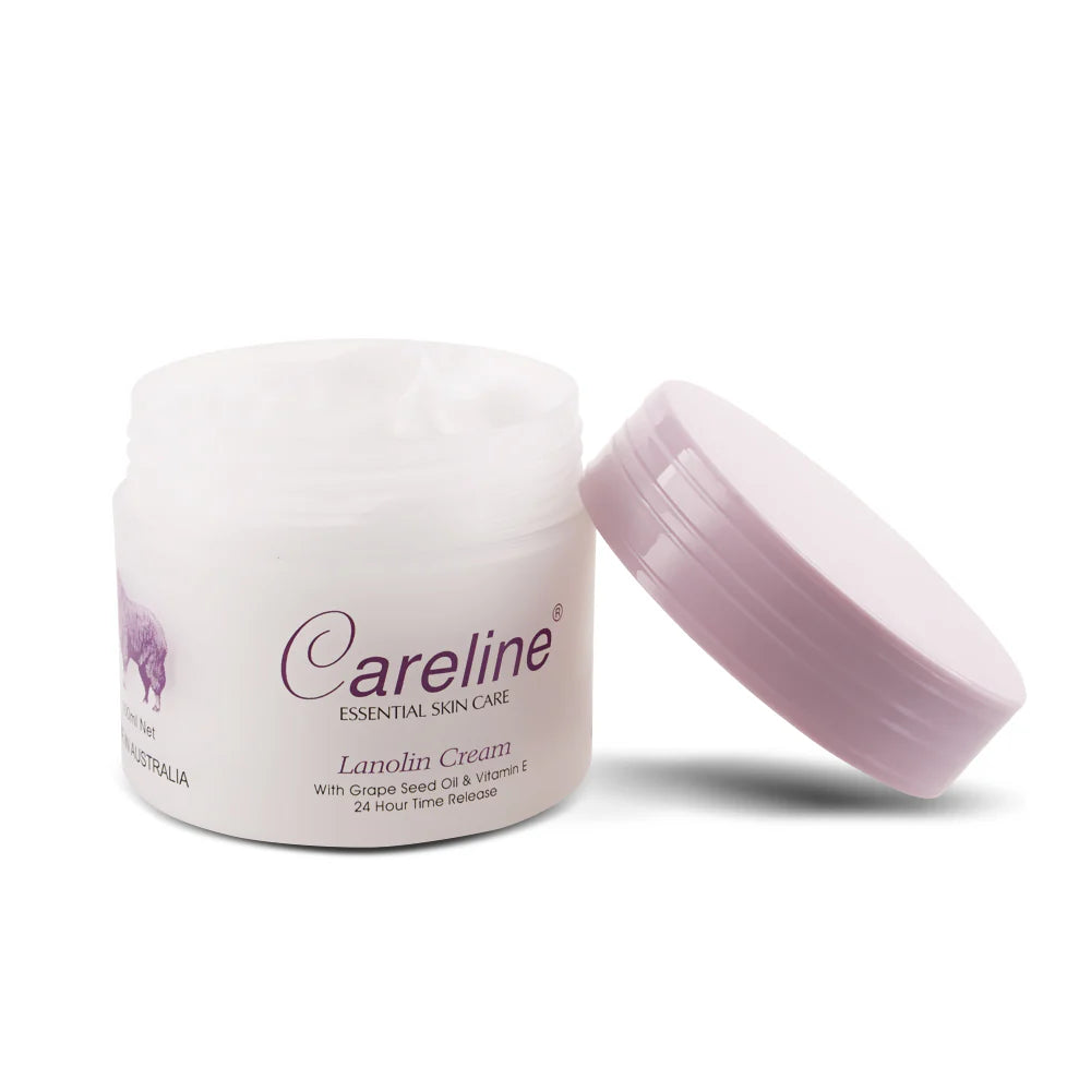 Careline Lanolin Cream with Grape Seed Oil & Vitamin E 100g open jar
