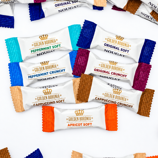 Golden Boronia assorted individually wrapped nougat flavours including original, peppermint, cappuccino and apricot