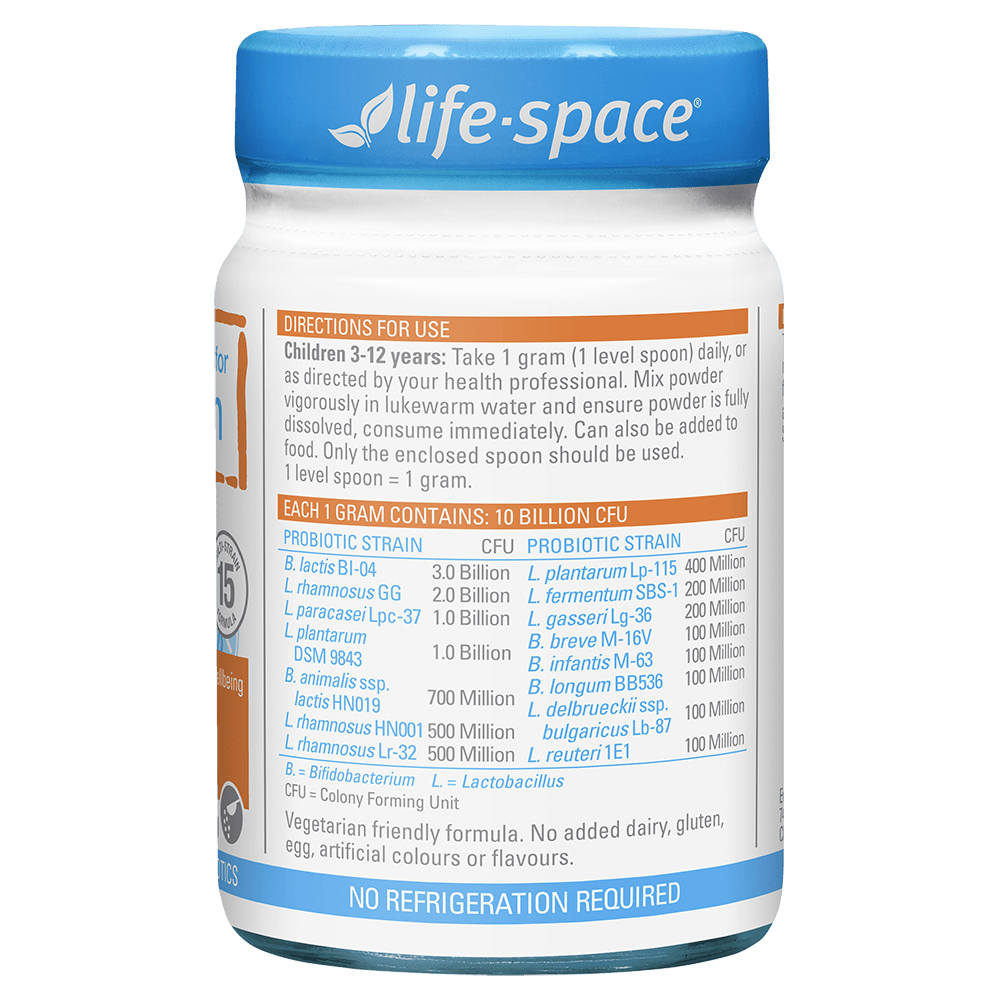 Life-Space Probiotic Powder for Children 60g directions and probiotic strains label