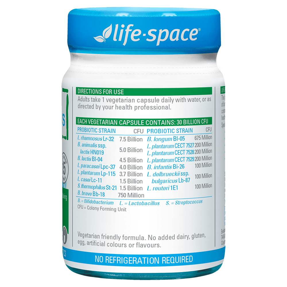 Life-Space Probiotic for 60+ Years 60 Capsules directions and probiotic strains label