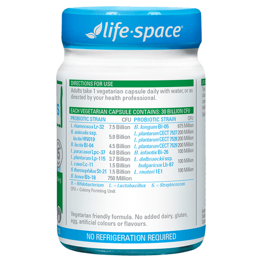 Life-Space Probiotic for 60+ Years 60 Capsules directions and probiotic strains label