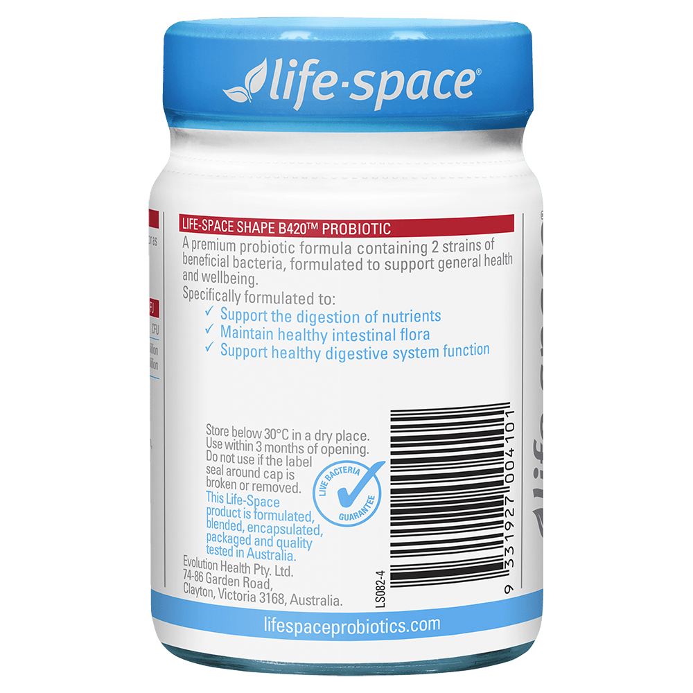 Life-Space Shape B420 Probiotic 60 Capsules product information and barcode label