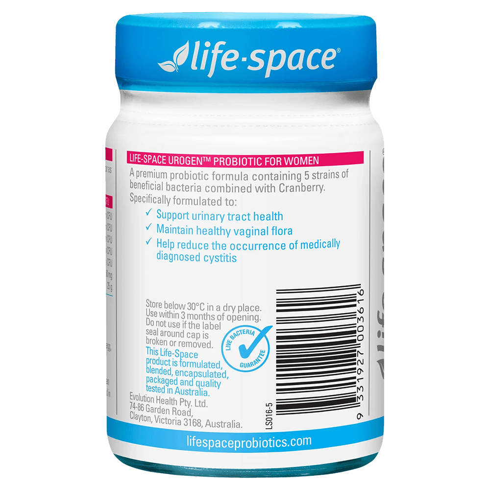 Life-Space Urogen Probiotic for Women 60 Capsules product information and barcode label