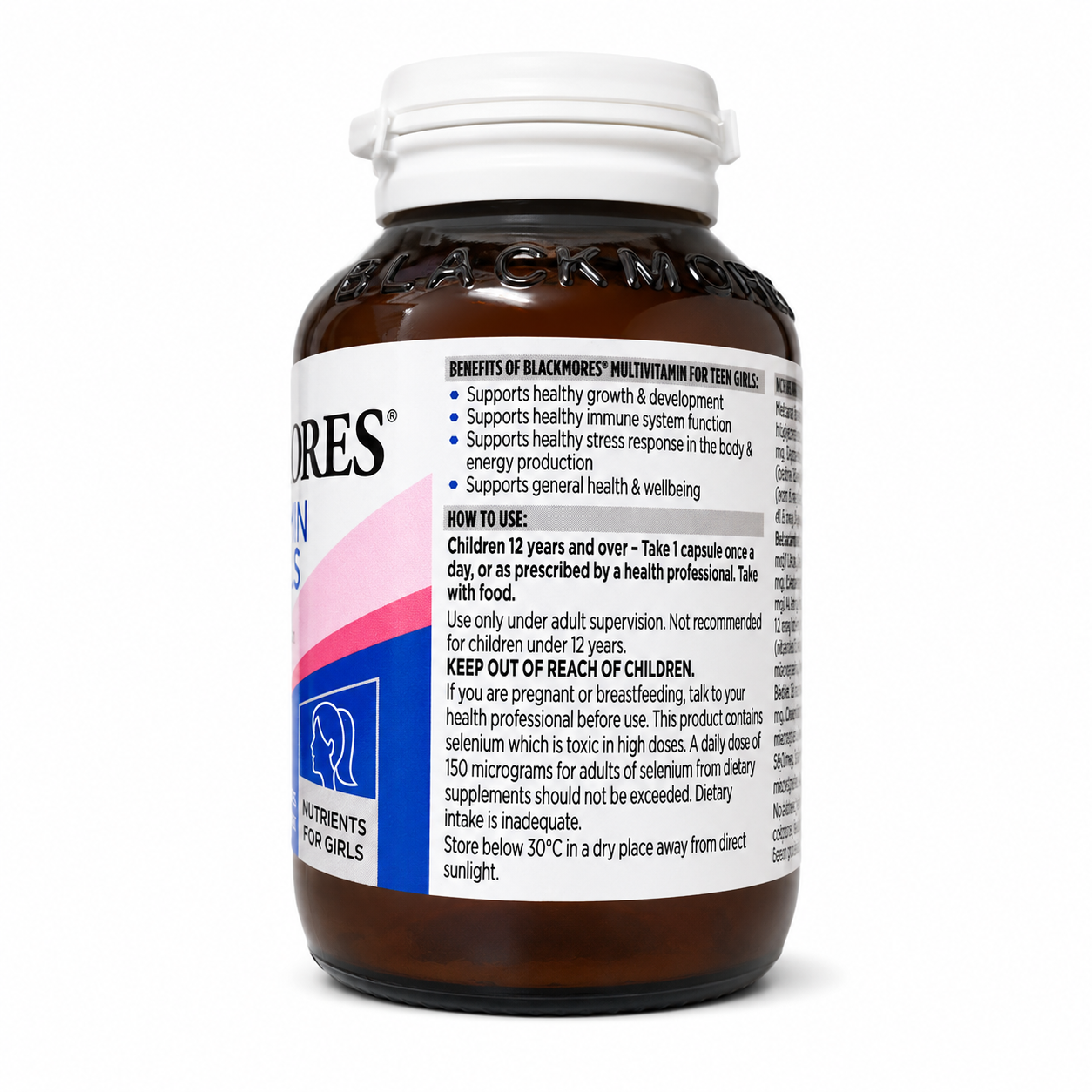 Blackmores Multivitamin for Teen Girls 60 Soft Capsules directions and warnings label