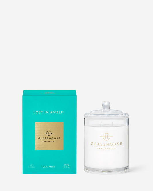 Glasshouse Fragrances Lost in Amalfi 380g Sea Mist scented candle with packaging