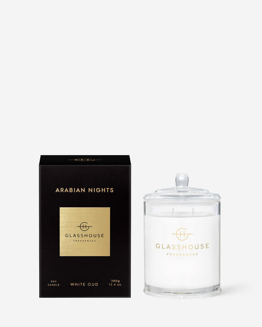 Glasshouse Fragrances Arabian Nights 380g White Oud scented candle with packaging