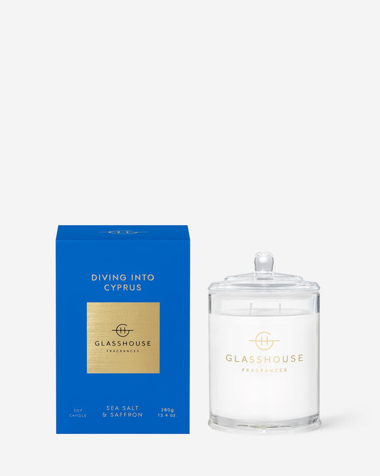 Glasshouse Fragrances Diving Into Cyprus 380g Sea Salt & Saffron scented candle with packaging