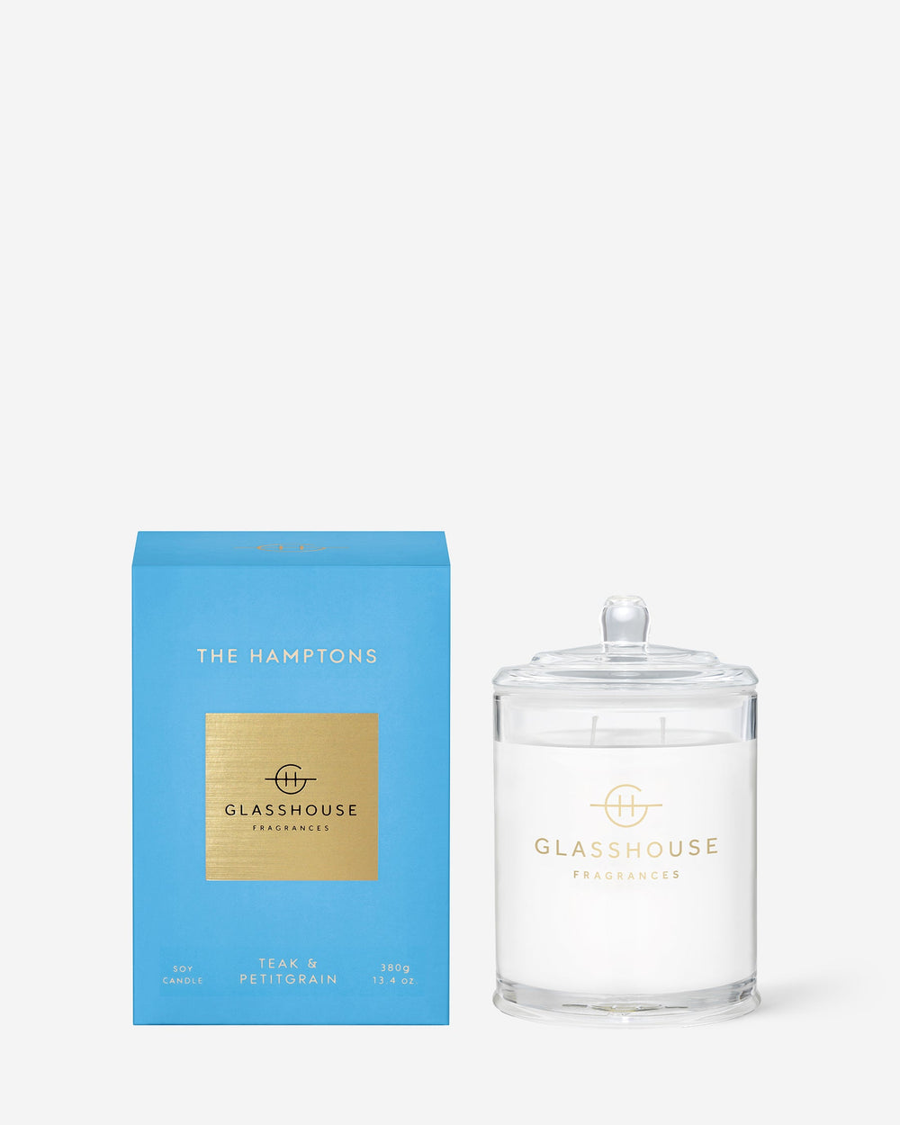 Glasshouse Fragrances The Hamptons 380g Teak & Petitgrain scented candle with packaging