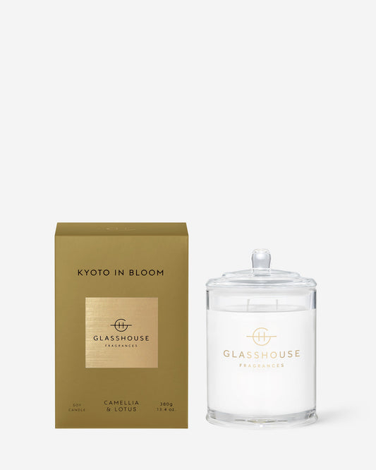 Glasshouse Fragrances Kyoto in Bloom 380g Camellia & Lotus scented candle with packaging