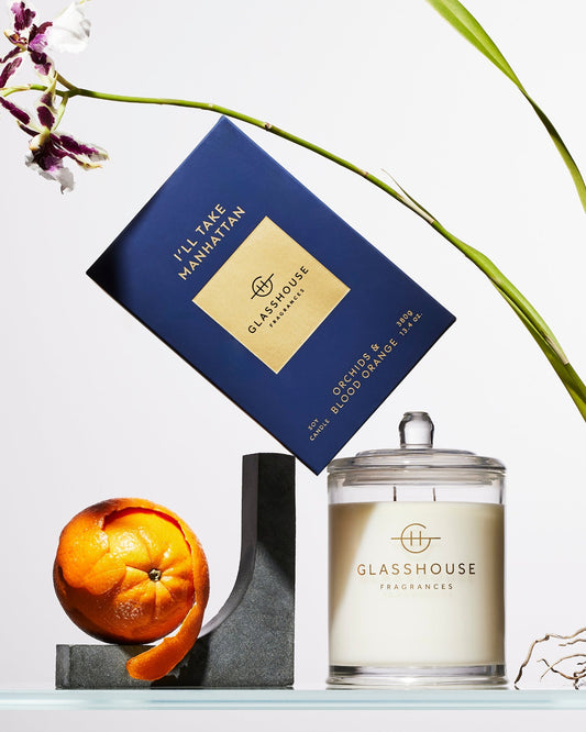 Glasshouse Fragrances I'll Take Manhattan 380g scented candle lifestyle image