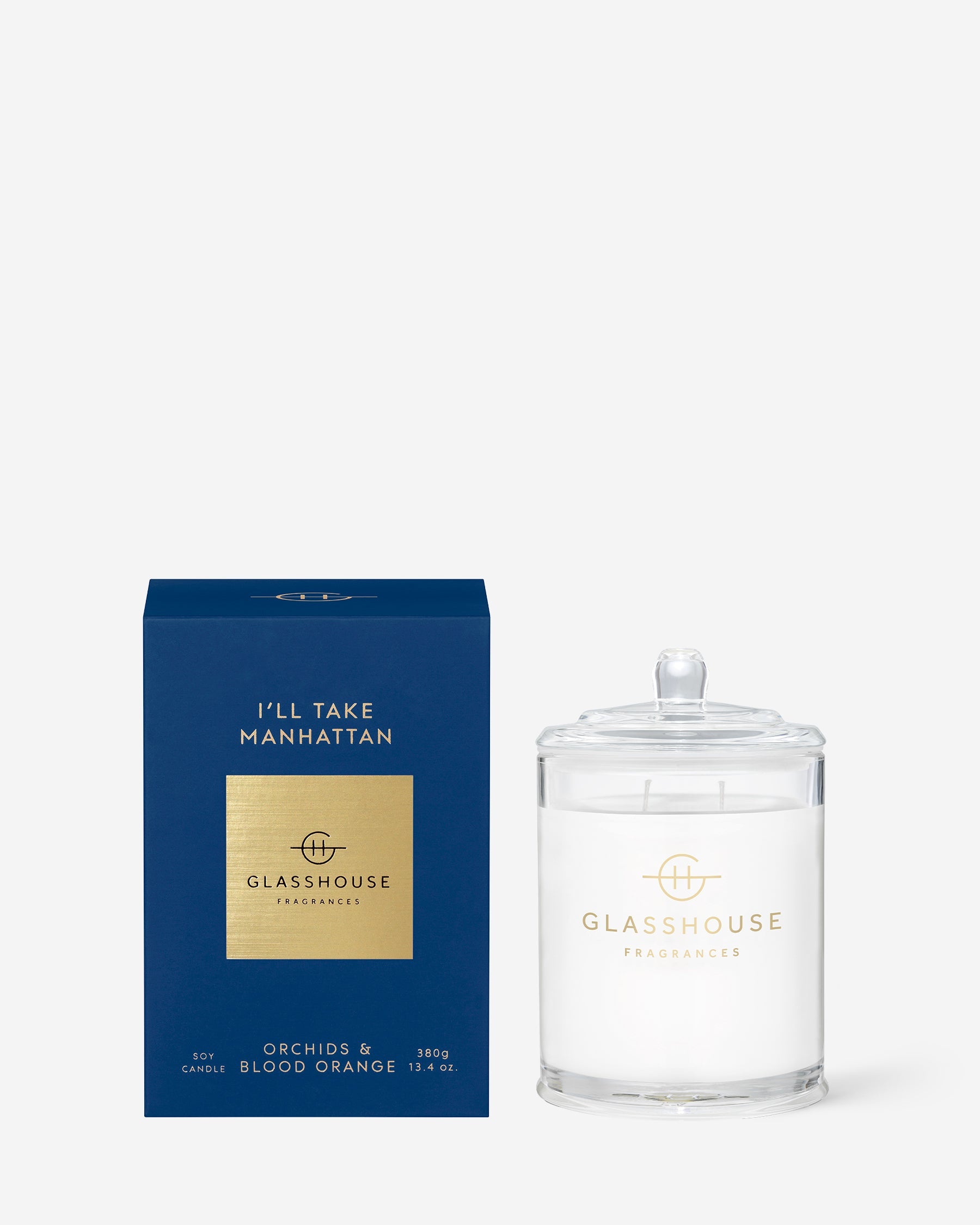 Glasshouse Fragrances I'll Take Manhattan 380g Orchids & Blood Orange scented candle with packaging