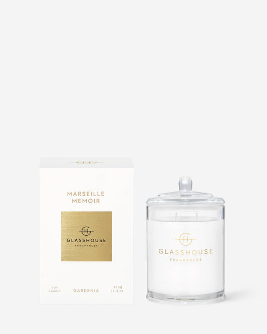 Glasshouse Fragrances Marseille Memoir 380g Gardenia scented candle with packaging