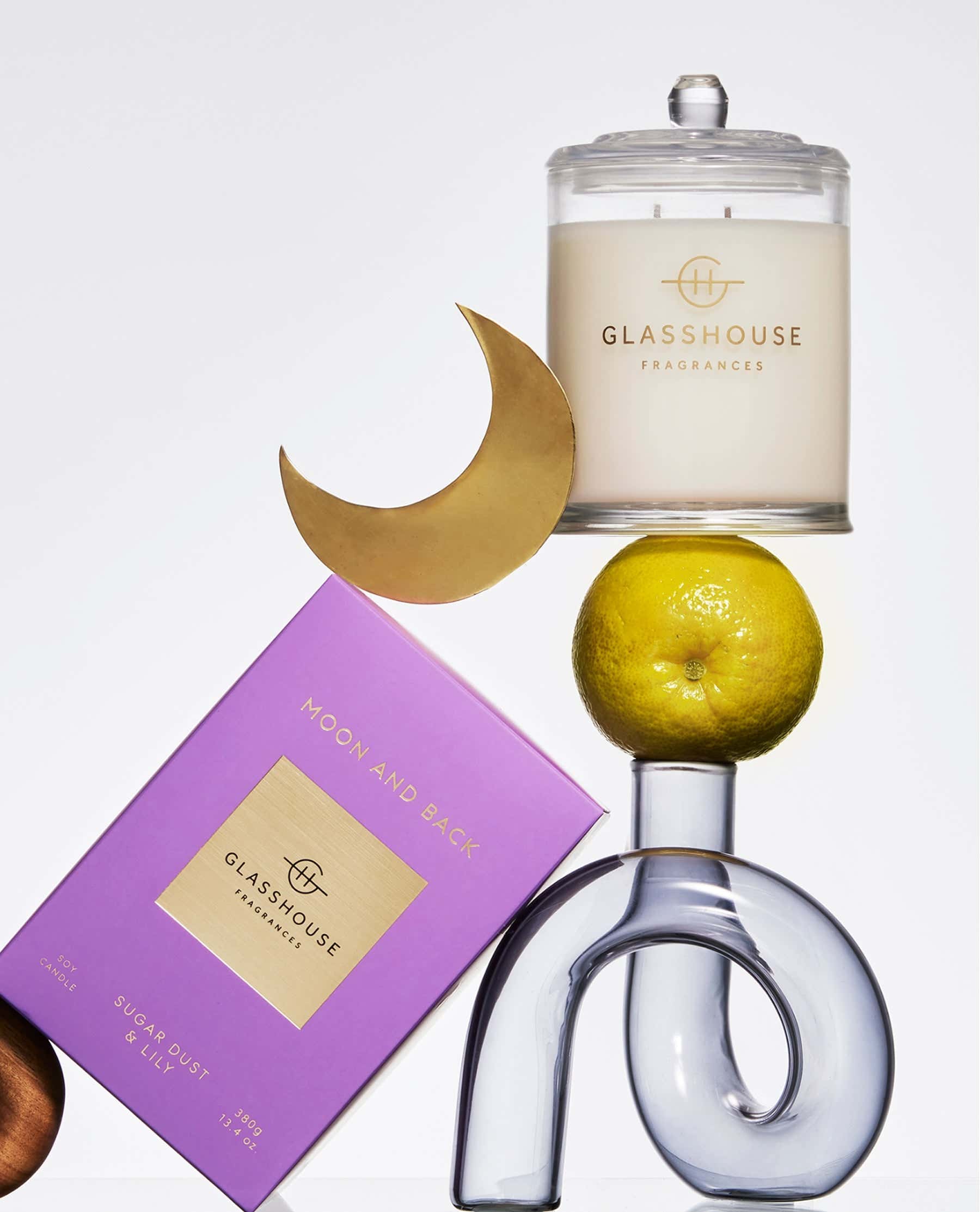 Glasshouse Fragrances Moon and Back 380g scented candle lifestyle image