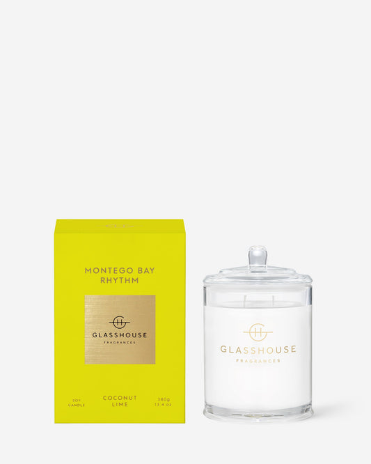 Glasshouse Fragrances Montego Bay Rhythm 380g Coconut Lime scented candle with packaging