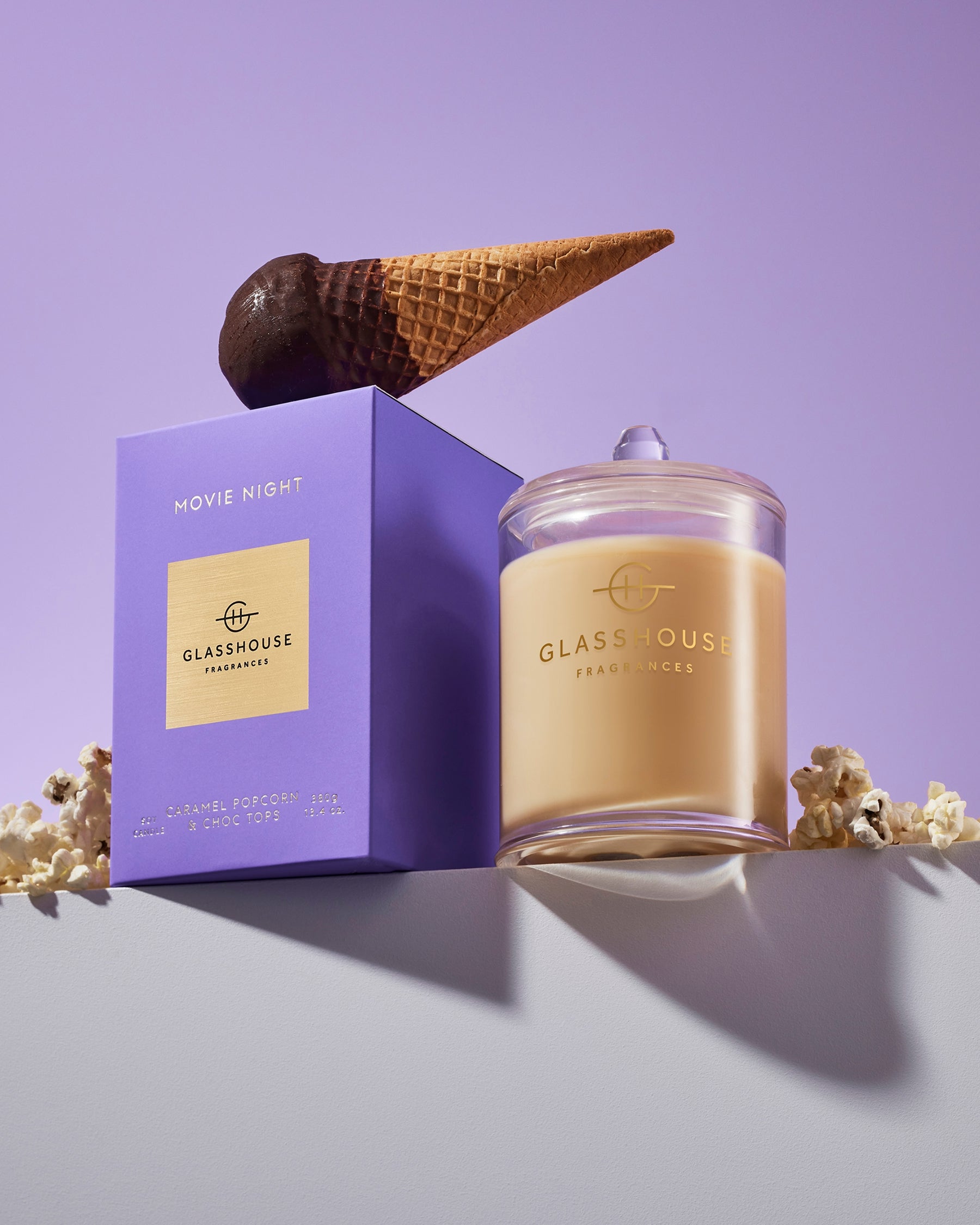 Glasshouse Fragrances Movie Night 380g scented candle lifestyle image
