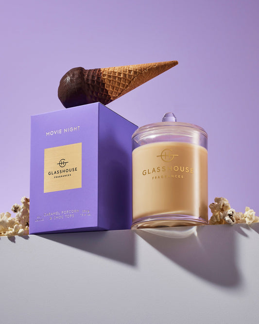 Glasshouse Fragrances Movie Night 380g scented candle lifestyle image