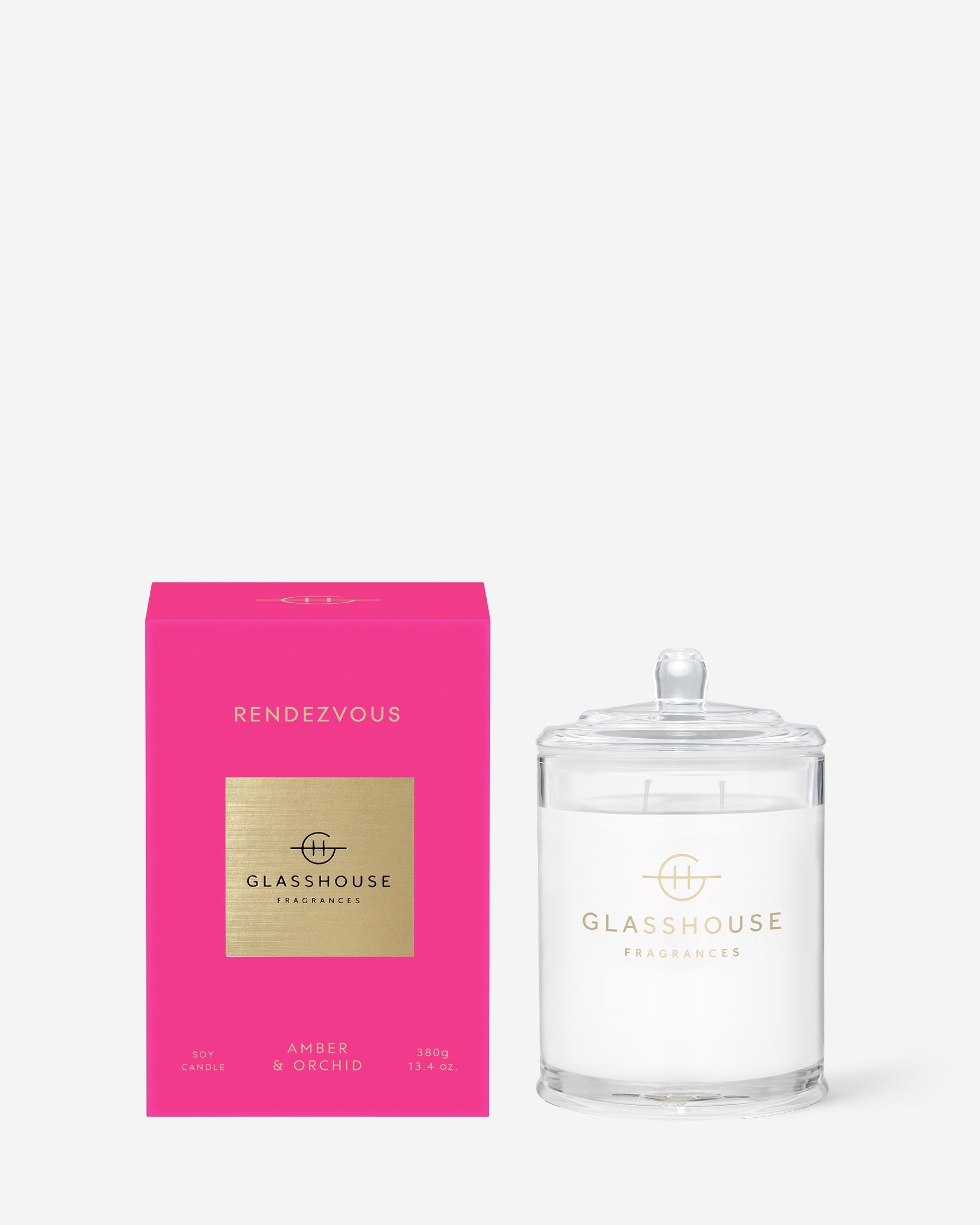 Glasshouse Fragrances Rendezvous 380g Amber & Orchid scented candle with packaging
