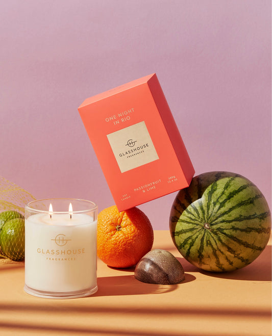 Glasshouse Fragrances One Night in Rio 380g scented candle lifestyle image