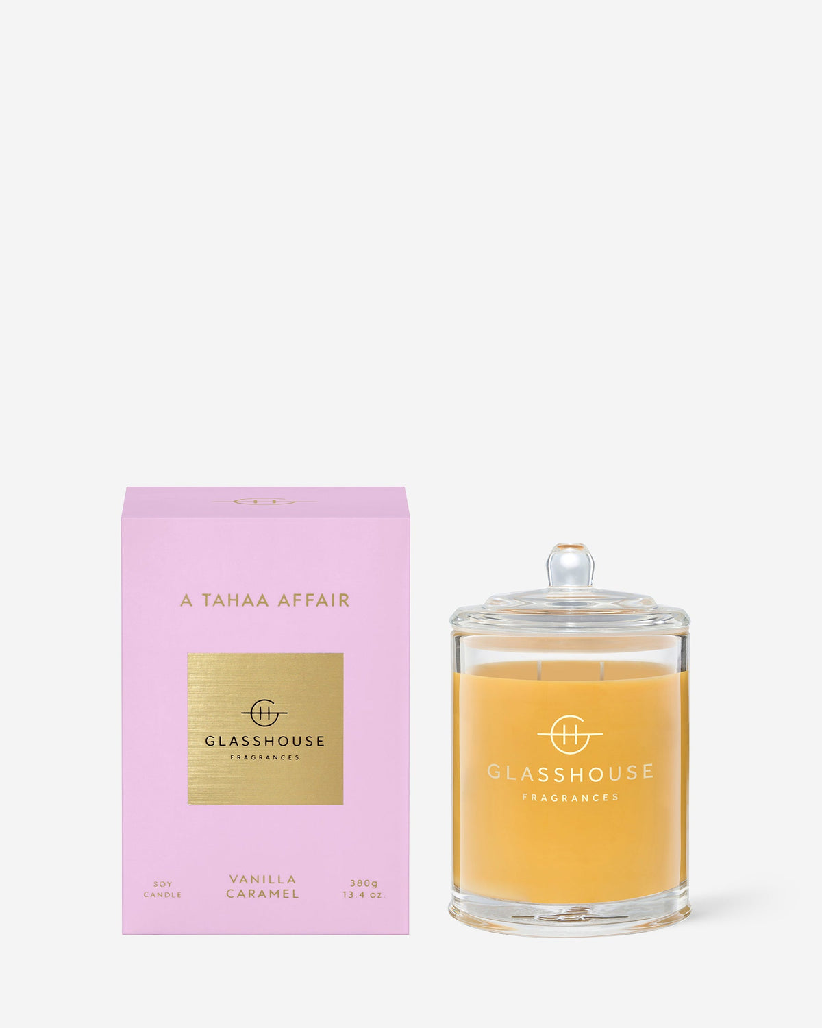 Glasshouse Fragrances A Tahaa Affair 380g Vanilla Caramel scented candle with packaging