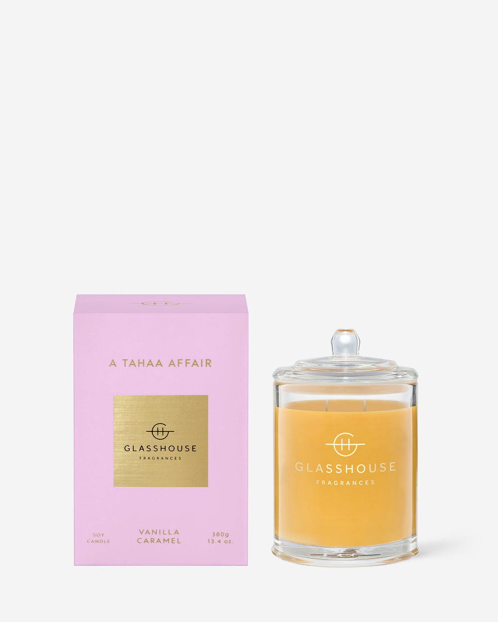Glasshouse Fragrances A Tahaa Affair 380g Vanilla Caramel scented candle with packaging
