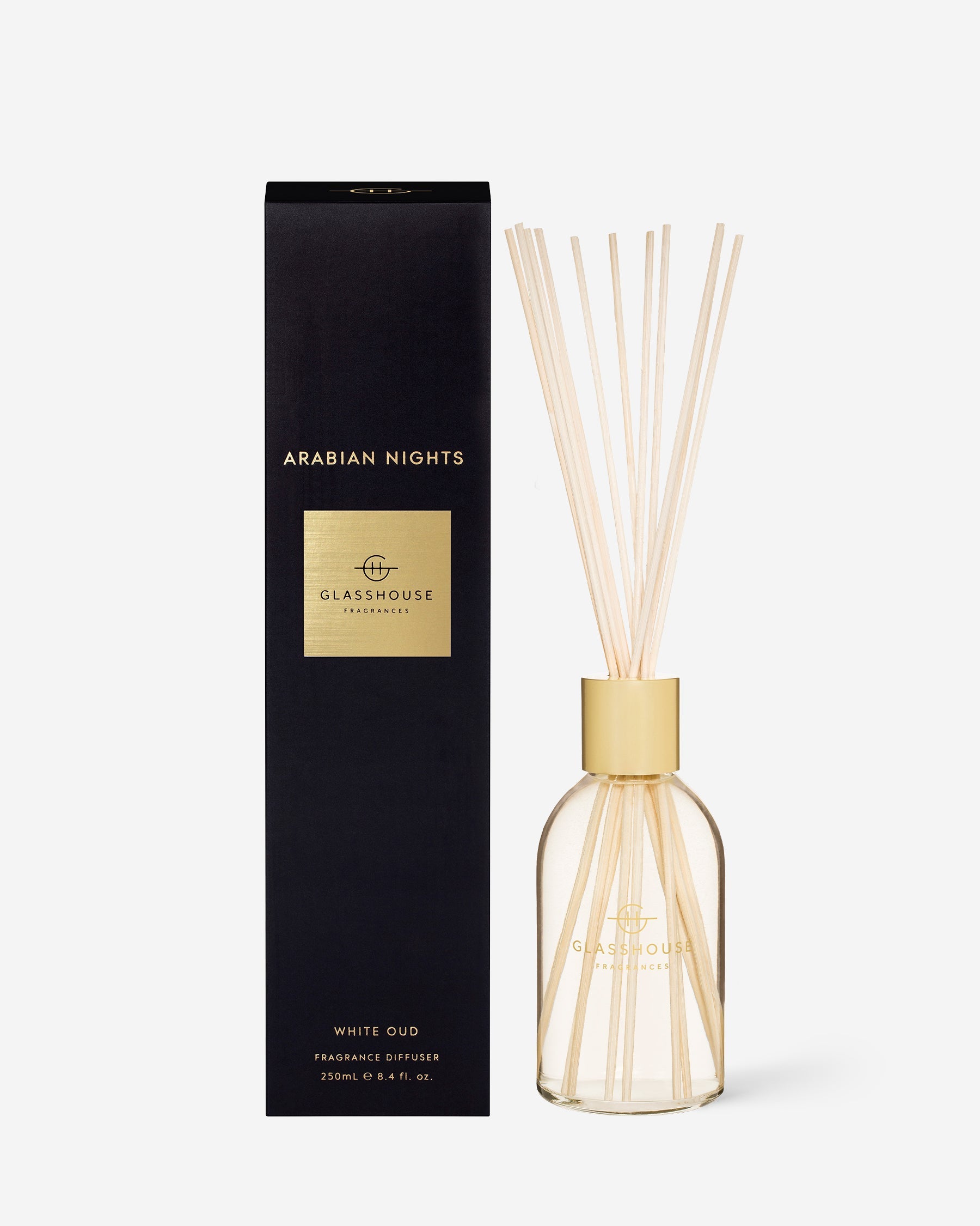 Glasshouse Fragrances Arabian Nights 250mL Fragrance Diffuser with packaging and reeds