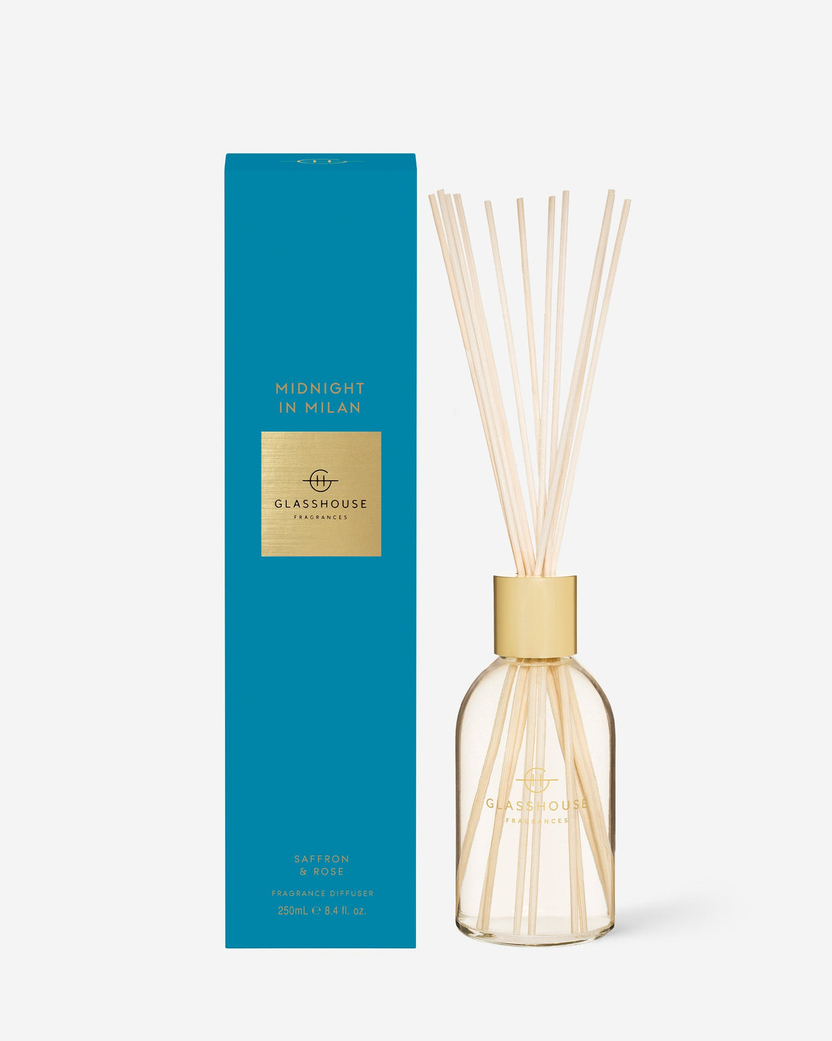 Glasshouse Fragrances Midnight in Milan 250mL Fragrance Diffuser with packaging and reeds