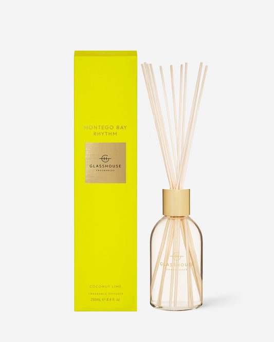 Glasshouse Fragrances Montego Bay Rhythm 250mL Fragrance Diffuser with packaging and reeds