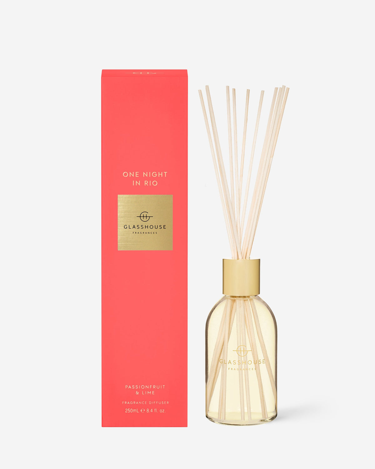 Glasshouse Fragrances One Night in Rio 250mL Fragrance Diffuser with packaging and reeds