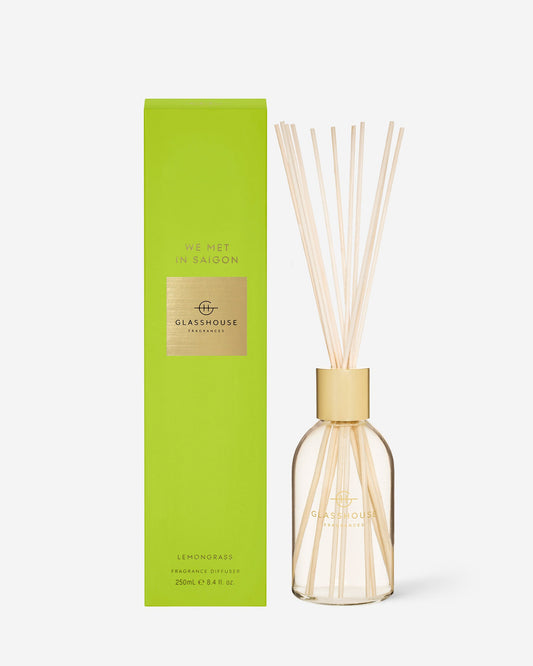Glasshouse Fragrances We Met in Saigon 250mL Fragrance Diffuser with packaging and reeds